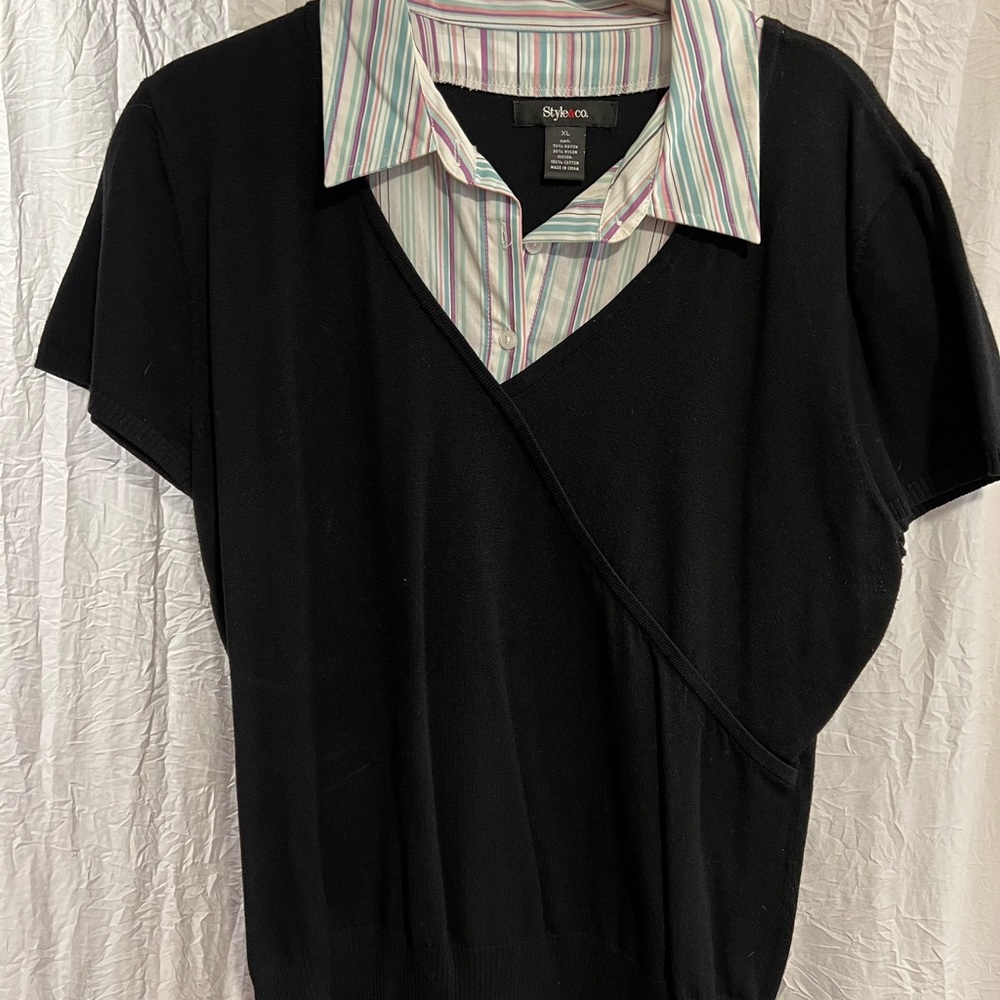 Black pullover sweater with faux shirt underneath